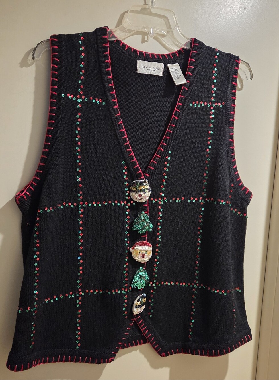 Lemon Grass Black Holiday Sequin Vest with Novelty Buttons 1X